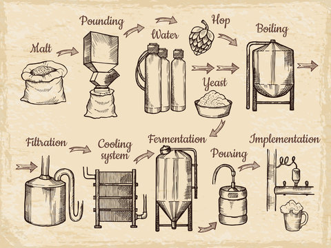 Beer production steps. Hand drawn pictures of brewery. Vector beer brewery, alcohol drink process, brewing equipment illustration
