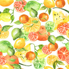 Vintage seamless pattern with watercolors - from tropical fruit, citrus spray, 
lemon, orange, lime, watermelon, grapefruitpaint splash. Bright fashionable background. drawing on white background.