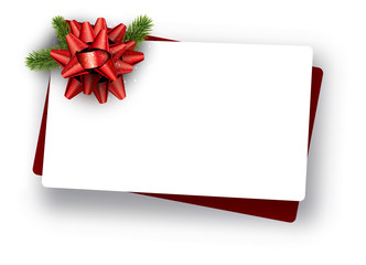 White paper greeting or gift card template with red satin bow.