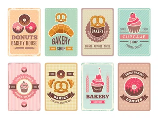 Design von Bäckereikarten. Frische Süßspeisen, Cupcakes, Donuts und andere Backwarenillustrationen für Vintage-Vektormenü im Retro-Stil. Menükarte Bäckerei und Konditorei, Donut und Cupcake © ONYXprj