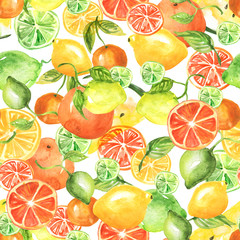 Vintage seamless pattern with watercolors - from tropical fruit, citrus spray, 
lemon, orange, lime, watermelon, grapefruitpaint splash. Bright fashionable background. drawing on white background.