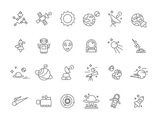 Linear space icons. Telescope shuttle astronauts at moon and various planets satellites. Vector mono line space pictures. Illustration of universe shuttle, ufo technology, star and asteroid line