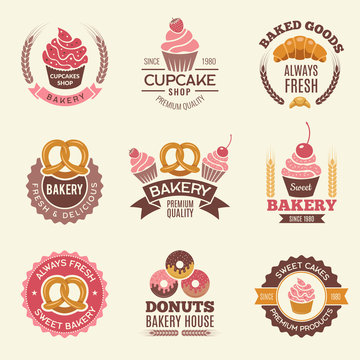 Bakery retro labels. Cupcakes donuts cookies and fresh bread vintage vector illustrations for stickers or badges design of bakery shop. Badge pastry, fresh donut and cupcake, delicious croissant