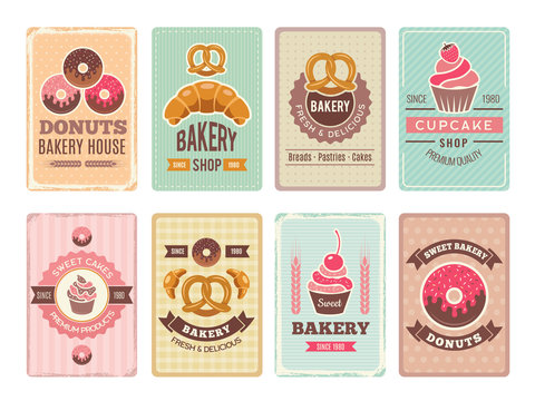 Bakery cards design. Fresh sweet foods cupcakes donuts and other baking products illustrations for vintage vector menu in retro style. Menu card baking shop and pastry bakery, donut and cupcake