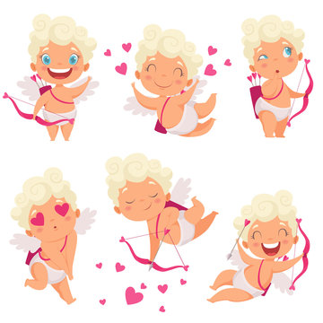 Cupid angels characters. Amur hunter baby eros greece romantic cute children with bow vector mascot poses. Angel love valentine, cherub character with bow and arrow illustration