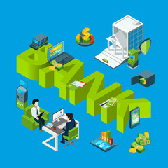 Fototapeta premium Vector isometric money flow in bank icons infographic concept illustration. Finance money bank, banking 3d business
