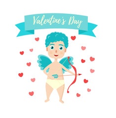Cute curly cupid with a bow and arrow in hearts. For a valentine or a card for Valentines Day with text