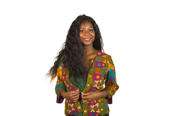 young happy and attractive black African American woman in colorful stylish shirt acting playful and excited smiling cheerful enjoying and having fun isolated on white
