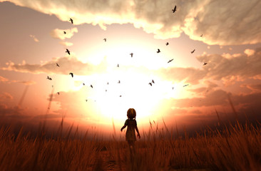 3d illustration of a girl walking alone in grass field
