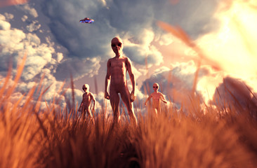 An aliens in grass field,3D illustration concept background