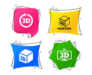 3d tv technology icons. Printer, rotation arrow sign symbols. Print cube. Geometric colorful tags. Banners with flat icons. Trendy design. Vector