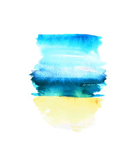 Vertical stain in blue, green and yellow colors. Seaside, beach and bright blue sky sketch.