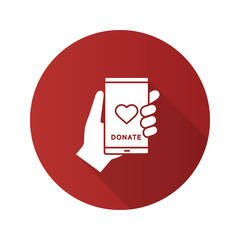 Smartphone donation app flat design long shadow glyph icon