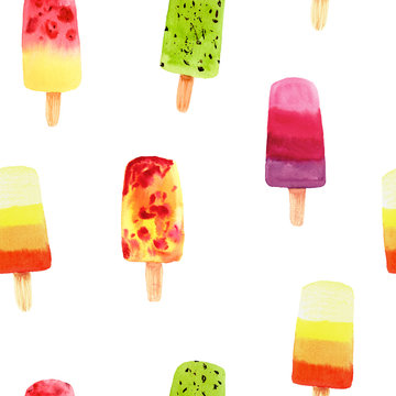 Hand drawn watercolor seamless pattern with colorful frozen juice popsicles in pink, green and yellow colors on white background