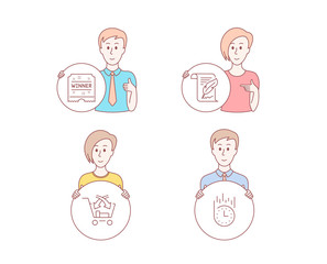 People hand drawn style. Set of Cross sell, Feather and Winner ticket icons. Fast delivery sign. Market retail, Copyright page, Carousels award. Stopwatch. Character hold circle button. People Vector