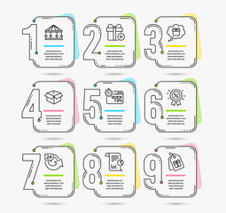 Infographic template with numbers 9 options. Set of Gift dream, Add gift and 24 hours icons. Opened box, Carousels and Discount signs. Report, Quick tips and Coupons symbols. Vector
