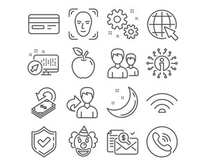 Set of Credit card, Work and Internet icons. Couple, Wifi and Cashback signs. Accounting report, Face detection and Clown symbols. Card payment, Settings, World web. Vector