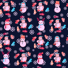 Vector Christmas Seamless Pattern with cute snowmen and mitten. Design for Wrapping paper background in vintage style