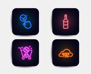 Neon glow lights. Set of Wine, Shopping cart and Checkbox icons. Quick tips sign. Merlot bottle, Discount, Approved. Helpful tricks.  Neon icons. Glowing light banners. Vector