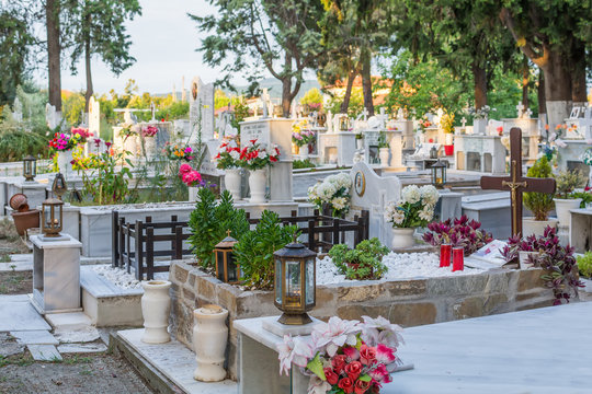 Asprovalta, Greece - August 10, 2018: Cemetery in Asprovalta, Greece