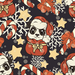 Seamless pattern with panda bear in red Santa's bag cartoon character and candy cane, Christmas sugar lollipop striped stick. Repeated pattern for Merry Christmas and Happy New Year. Xmas mood.
