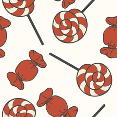 Sugarplum and candy seamless vector pattern. Sugar lollipop in red and white color. Children's Traditional sweets for Christmas and New Year. Merry Christmas Happy New Year design. Christmas print.