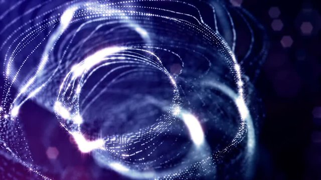 3d render of loop sci-fi animation with glow particles form rolling rings structures. Seamless footage as dark blue digital abstract background with particles, depth of field, bokeh. Motion graphics 2