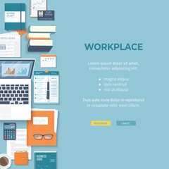 Workplace Desktop background. Top view of table, laptop, folder, documents, notepad, purse, calendar, headphones, books, coffee, newspaper, calculator. Business background, organization. Vector 