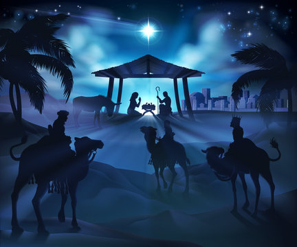 Christmas nativity scene, baby Jesus, Mary and Joseph in manger. Bethlehem in background. 3 Wise Men riding camels in silhouette to pay homage. The star above stable. Christian religious illustration.