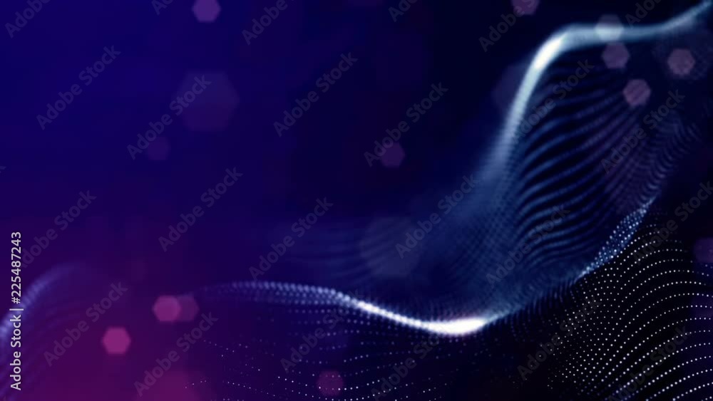 Poster 3d render loop sci-fi animation with glow particles form rolling strings structures. seamless footag