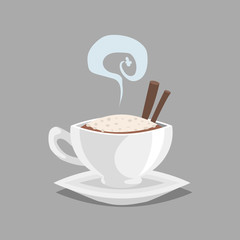 Coffee cup with cappuccino and cinnamon sticks and steam. Milk cream foam in top. Cartoon retro style. Vector illustration for cafe and restaurant menu design.