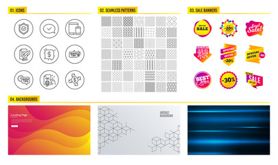 Seamless pattern. Shopping mall banners. Set of Education idea, Approved shield and Feather signature icons. Approved message, Certificate and Mobile devices signs. Vector