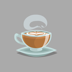 Coffee glass cup with flat white coffee and steam. Milk cream foam in top and heart draw. Cartoon retro style. Vector illustration for cafe and restaurant menu design.