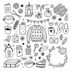 Christmas graphics on white background. Winter style illustrations. Cute hygge doodles: sweater, sweets, candles and wreaths