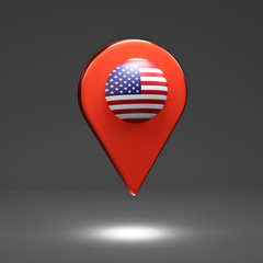 3D render Illustration. Map pointer with American flag. Independence Day.
