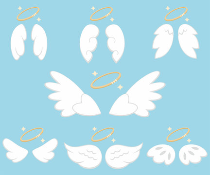 Cute angel wings with nimbus. Cartoon vector icons set isolated on blue background.