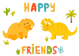 Cute triceratops dinos and hand drawn text