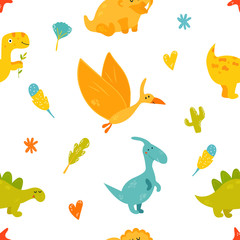 Bright seamless pattern with cute dinosaurs