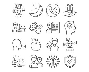 Set of Cleaning service, Job interview and Human sing icons. Quiz test, Conversation messages and Customer satisfaction signs. Couple, Recruitment and Loyalty program symbols. Vector