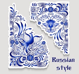Blue patterns on a corner with birds and flowers in the style of the national porcelain painting. Angular floral elements stickers.