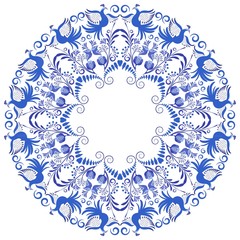 Flower pattern with blue birds and flowers in a circle. Template design in ethnic style Gzhel porcelain painting.