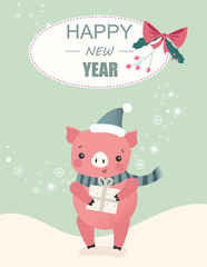 Happy New Year 2019 card with cute pig - symbol of the year.