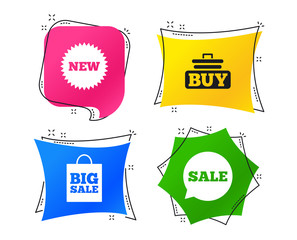 Sale speech bubble icon. Buy cart symbol. New star circle sign. Big sale shopping bag. Geometric colorful tags. Banners with flat icons. Trendy design. Vector
