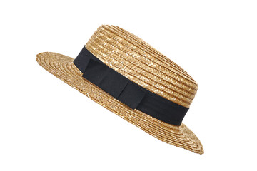 Summer beige straw hat isolated on white background.Close up of handcraft weave wide brim hat made...