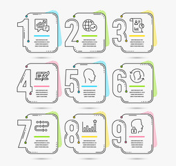 Infographic template with numbers 9 options. Set of World statistics, Copyright laptop and Accounting icons. Head, Face id and Efficacy signs. Report, Methodology and Unlock system symbols. Vector