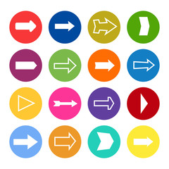 Set of sixteen arrows in a colorful circles
