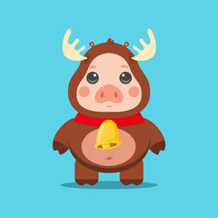 Cute Christmas Pig in reindeer costume with gold bell. Vector cartoon funny animal character isolated on background. Symbol of the 2019 Chinese New Year.