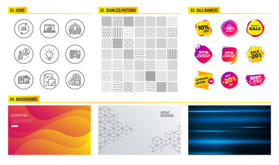 Seamless pattern. Shopping mall banners. Set of Parking place, Group and Online statistics icons. Engineering documentation, Light bulb and Startup signs. Vector