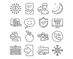 Set of Login, Web tutorials and Online shopping icons. Logistics network, Messenger mail and Corrupted file signs. Parking garage, Speech bubble and People talking symbols. Vector
