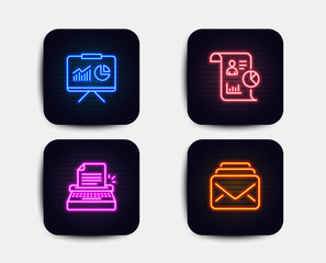 Neon glow lights. Set of Presentation, Typewriter and Report icons. Mail sign. Board with charts, Writer machine, Work statistics. New messages.  Neon icons. Glowing light banners. Vector